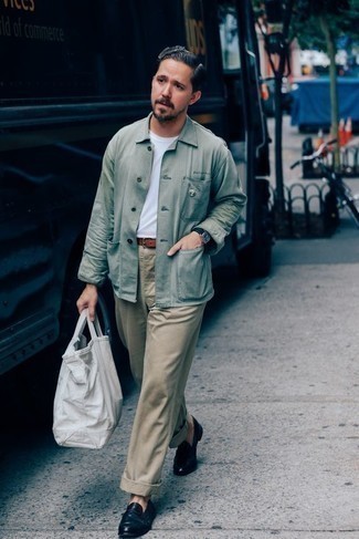 Mint Shirt Jacket Outfits For Men: For a look that's worthy of a modern trendsetting gent and effortlessly sophisticated, choose a mint shirt jacket and khaki chinos. Rev up your look by slipping into a pair of navy leather loafers.