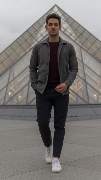 Charcoal Shirt Jacket Outfits For Men: This smart pairing of a charcoal shirt jacket and black chinos is capable of taking on different moods according to how you style it out. Ramp up this whole look by rocking white leather low top sneakers.