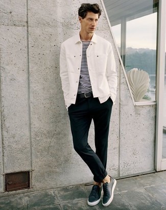 Black Canvas Belt Outfits For Men: If you gravitate towards city casual style, why not consider this pairing of a white shirt jacket and a black canvas belt? Finishing with a pair of black leather low top sneakers is an effortless way to infuse some extra polish into this outfit.