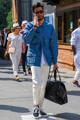 Blue Shirt Jacket Outfits For Men: Teaming a blue shirt jacket with white chinos is an amazing option for a casually stylish ensemble. And if you need to immediately play down this ensemble with one piece, add a pair of navy and white canvas low top sneakers to the equation.