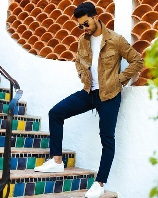Tan Corduroy Shirt Jacket Outfits For Men: A tan corduroy shirt jacket and navy chinos are an easy way to infuse a dash of manly refinement into your daily casual collection. White canvas low top sneakers will add a sense of stylish casualness to an otherwise traditional look.