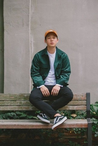 Mustard Baseball Cap Outfits For Men: If you enjoy comfort dressing, go for a dark green shirt jacket and a mustard baseball cap. To bring some extra zing to this outfit, add black and white canvas low top sneakers to the equation.
