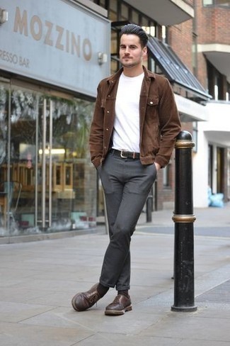 Brown Shirt Jacket Outfits For Men: For a classic and casual look, marry a brown shirt jacket with grey chinos — these pieces go perfectly well together. A pair of brown leather derby shoes will add a different twist to your look.