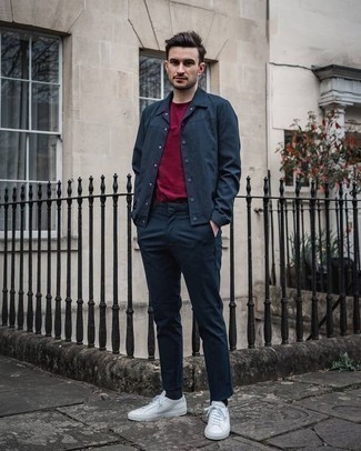 Men's Navy Vertical Striped Shirt Jacket, Red Crew-neck T-shirt, Navy Chinos, White Canvas Low Top Sneakers