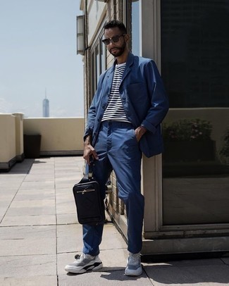Blue Chinos Outfits: If the setting calls for a semi-casual menswear style, dress in a blue shirt jacket and blue chinos. Introduce a pair of white and black athletic shoes to this ensemble to keep the ensemble fresh.