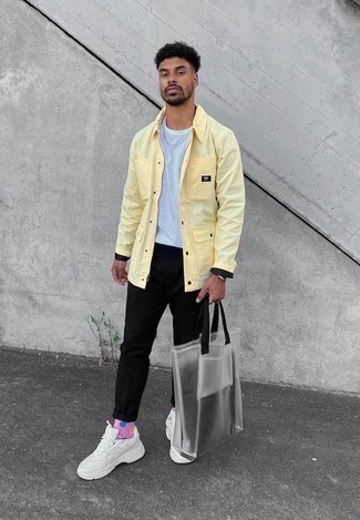 Clear Rubber Tote Bag Outfits For Men: Team a yellow shirt jacket with a clear rubber tote bag for an edgy and fashionable ensemble. As for footwear, complete this look with white athletic shoes.