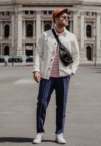 White Shirt Jacket with Black Fanny Pack Outfits For Men (2 ideas & outfits)