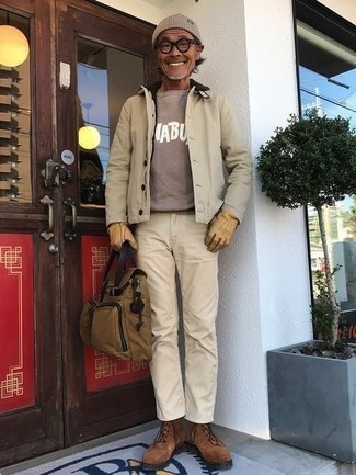 Men's Beige Shirt Jacket, Tan Print Crew-neck T-shirt, Beige Chinos, Brown Suede Casual Boots