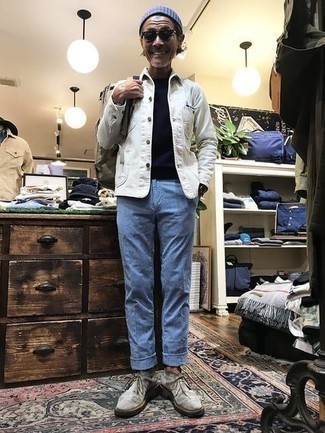 Blue Beanie Outfits For Men: This combo of a white shirt jacket and a blue beanie looks well-executed and makes any man look instantly cooler. Not sure how to finish off your outfit? Rock grey suede desert boots to bump it up.
