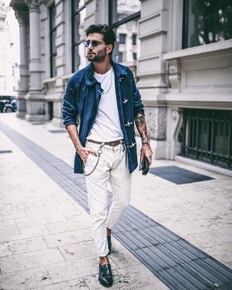 Brown Print Leather Belt Outfits For Men: If you're all about relaxed styling when it comes to your personal style, you'll appreciate this modern casual combo of a blue denim shirt jacket and a brown print leather belt. Navy leather tassel loafers will inject a dose of refinement into an otherwise mostly casual look.