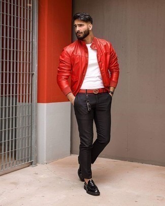 Red Leather Belt Outfits For Men: Make a red leather shirt jacket and a red leather belt your outfit choice for a casual outfit with an edgy spin. Break up your look by wearing black leather loafers.