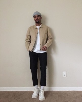 Charcoal Beanie Outfits For Men: For casual city style without the need to sacrifice on functionality, we like this pairing of a tan shirt jacket and a charcoal beanie. Complete this outfit with a pair of white athletic shoes et voila, the ensemble is complete.