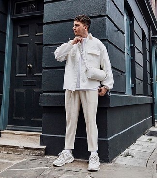 White Canvas Messenger Bag Outfits: A white shirt jacket and a white canvas messenger bag are a life-saving off-duty pairing for many fashionable guys. Complement this getup with a pair of grey athletic shoes and ta-da: your ensemble is complete.