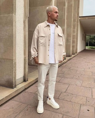 Gold Watch Outfits For Men: This combination of a beige shirt jacket and a gold watch is great for weekend days. Introduce white canvas low top sneakers to the equation to make the getup a bit more refined.