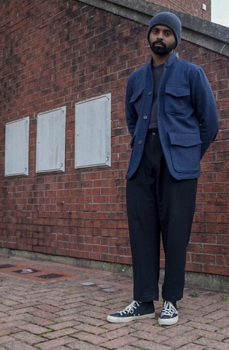 Men's Blue Wool Shirt Jacket, Navy Crew-neck T-shirt, Navy Chinos, Navy and White Canvas High Top Sneakers