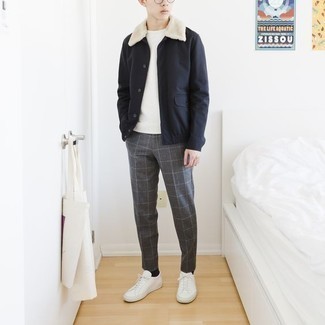 Navy Shirt Jacket Outfits For Men: For an outfit that's super simple but can be worn in a great deal of different ways, opt for a navy shirt jacket and grey check chinos. Bump up the cool of this look by rocking white canvas low top sneakers.