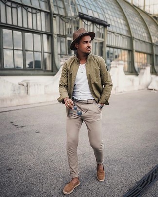 Beige Woven Leather Belt Outfits For Men: A tan shirt jacket and a beige woven leather belt have become a life-saving off-duty pairing for many stylish men. To add a little depth to your ensemble, complete your getup with tan canvas espadrilles.
