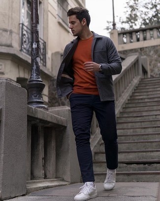 Grey Wool Shirt Jacket Outfits For Men: A grey wool shirt jacket and navy chinos are absolute staples if you're figuring out a classic and casual wardrobe that matches up to the highest menswear standards. And if you want to effortlessly dial down this ensemble with one item, why not grab a pair of white canvas low top sneakers?