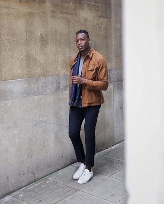 Men's Tobacco Shirt Jacket, Light Blue Crew-neck T-shirt, Navy Chinos, White Canvas Low Top Sneakers