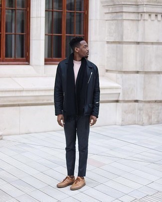 Navy Scarf Outfits For Men: If you're looking for a relaxed casual and at the same time dapper getup, rock a navy shirt jacket with a navy scarf. Up this whole outfit by sporting a pair of tan leather low top sneakers.