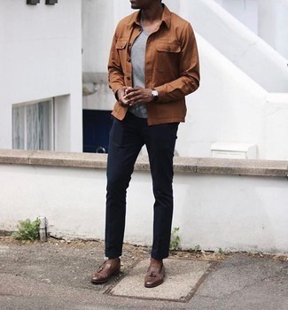 Tobacco Shirt Jacket Outfits For Men: If the occasion calls for an elegant yet neat look, you can go for a tobacco shirt jacket and navy chinos. Add brown leather tassel loafers to your ensemble for a dash of class.