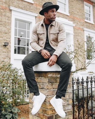 Charcoal Wool Hat Outfits For Men: Go for a straightforward but at the same time casually dapper choice by putting together a beige shirt jacket and a charcoal wool hat. To add a bit of fanciness to this ensemble, introduce white canvas low top sneakers to the equation.