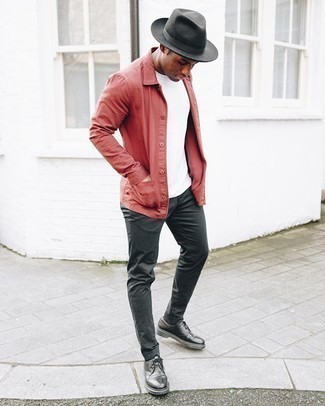 Charcoal Wool Hat Outfits For Men: To assemble a casual look with an urban take, team a red shirt jacket with a charcoal wool hat. If you feel like dressing up, complete this getup with black leather derby shoes.