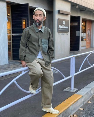 Men's Olive Shirt Jacket, White Crew-neck T-shirt, Khaki Chinos, Yellow Canvas Low Top Sneakers