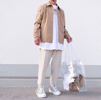 Clear Rubber Tote Bag Outfits For Men: Rock a tan shirt jacket with a clear rubber tote bag for a casual level of dress. When it comes to shoes, this ensemble pairs really well with grey print canvas high top sneakers.
