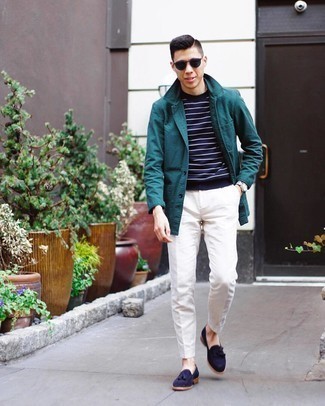 Blue Suede Tassel Loafers Outfits: If you don't take your style lightly, go for a casually stylish menswear style in a teal shirt jacket and white chinos. Not sure how to finish off this ensemble? Wear a pair of blue suede tassel loafers to spruce it up.