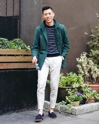 Blue Suede Tassel Loafers Outfits: For an effortlessly classic menswear style, consider wearing a teal shirt jacket and white chinos — these items work perfectly well together. Complete your getup with a pair of blue suede tassel loafers to spice things up.
