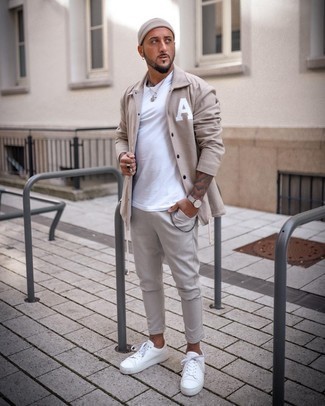 Men's Beige Print Shirt Jacket, White Crew-neck T-shirt, Grey Chinos, White Canvas Low Top Sneakers
