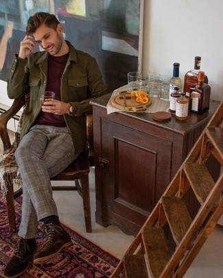 Brown Suede Casual Boots Outfits For Men: This pairing of an olive shirt jacket and grey plaid chinos makes for the ultimate casual style for today's gent. Brown suede casual boots pull the getup together.