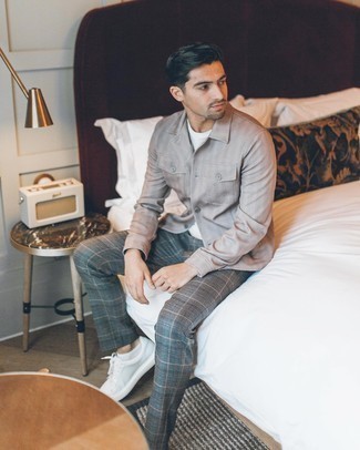 Grey Shirt Jacket Outfits For Men: Dress in a grey shirt jacket and grey plaid chinos to pull together a casually dapper look. For times when this outfit appears too perfect, dial it down by rounding off with a pair of white leather low top sneakers.
