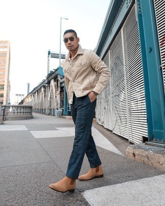 Navy Plaid Chinos Outfits: This is solid proof that a beige corduroy shirt jacket and navy plaid chinos are awesome when worn together in a relaxed casual ensemble. For something more on the classy side to finish your ensemble, add tan suede chelsea boots to your getup.