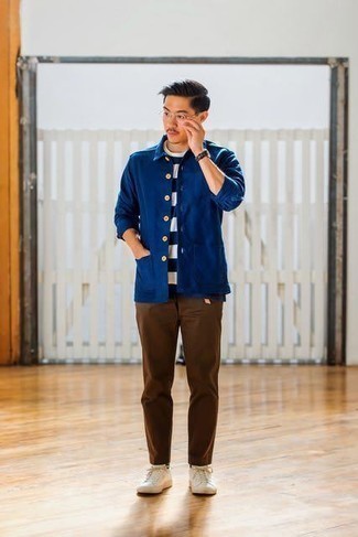 Men's Navy Shirt Jacket, White and Navy Horizontal Striped Crew-neck T-shirt, Brown Chinos, White Leather Low Top Sneakers