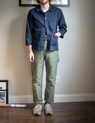 Dark Green Socks Outfits For Men: This pairing of a navy shirt jacket and dark green socks is the ultimate off-duty outfit for any modern guy. Tan athletic shoes will be the perfect complement to your look.