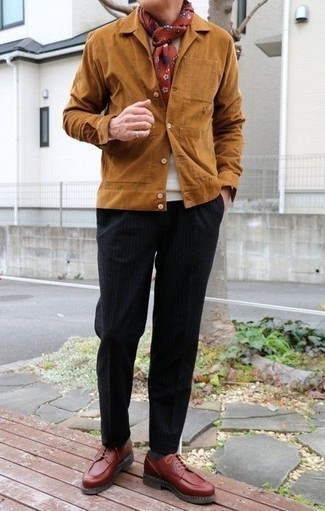Men's Tobacco Shirt Jacket, White Crew-neck T-shirt, Black Vertical Striped Chinos, Tobacco Leather Derby Shoes