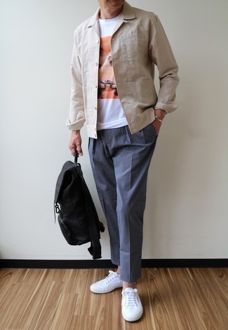 Beige Shirt Jacket Outfits For Men: Dress in a beige shirt jacket and navy vertical striped chinos for a neat outfit. Don't know how to finish off? Throw in white canvas low top sneakers to jazz things up.