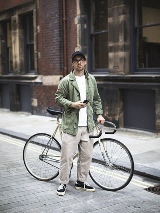 Men's Olive Shirt Jacket, White Crew-neck T-shirt, Beige Chinos, Black and White Canvas Low Top Sneakers