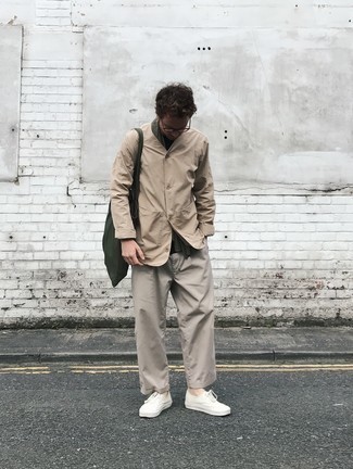 Olive Canvas Tote Bag Outfits For Men: Pair a beige shirt jacket with an olive canvas tote bag to assemble a street style and stylish outfit. For something more on the dressier end to finish off your outfit, opt for a pair of white canvas low top sneakers.