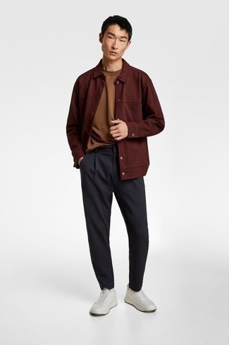 Dark Brown Shirt Jacket Outfits For Men: This smart pairing of a dark brown shirt jacket and charcoal chinos takes on different nuances according to the way you style it. Amp up this whole getup by sporting a pair of white athletic shoes.