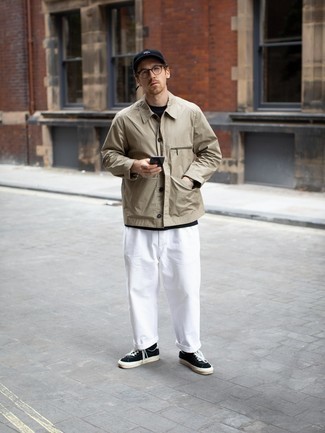 Beige Shirt Jacket Outfits For Men: A beige shirt jacket and white chinos are an easy way to introduce a sense of masculine sophistication into your off-duty styling lineup. A pair of black and white canvas low top sneakers adds a new flavor to an otherwise standard look.
