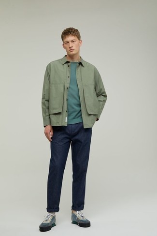 Teal Shirt Jacket Outfits For Men: Such must-haves as a teal shirt jacket and navy chinos are an easy way to inject some masculine refinement into your current fashion mix. To add a more relaxed touch to your ensemble, complement your outfit with multi colored athletic shoes.