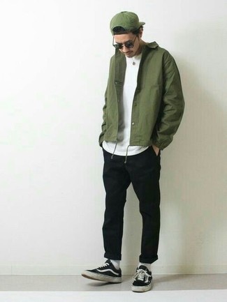 Men's Olive Shirt Jacket, White Crew-neck T-shirt, Black Chinos, Black and White Canvas Low Top Sneakers