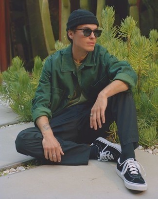 Olive Beanie Outfits For Men: A dark green shirt jacket and an olive beanie are a wonderful look to have in your casual styling lineup. For a sleeker vibe, introduce a pair of black and white canvas low top sneakers to the mix.