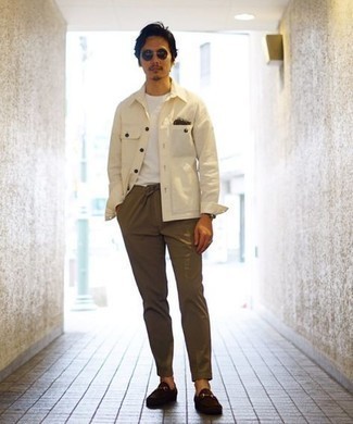 Beige Shirt Jacket Outfits For Men: This combination of a beige shirt jacket and olive chinos is definitive proof that a straightforward ensemble can still be incredibly sharp. Complete your ensemble with a pair of dark brown suede loafers to instantly switch up the outfit.