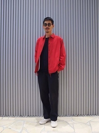 Red Nylon Shirt Jacket Outfits For Men: For an effortlessly stylish getup, try pairing a red nylon shirt jacket with black chinos — these items play really well together. White canvas low top sneakers are an easy way to infuse a dose of stylish casualness into this getup.