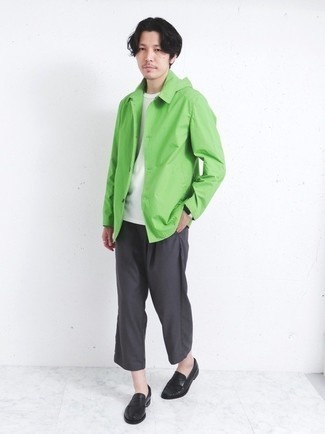 Men's Green Shirt Jacket, White Crew-neck T-shirt, Charcoal Chinos, Black Leather Loafers