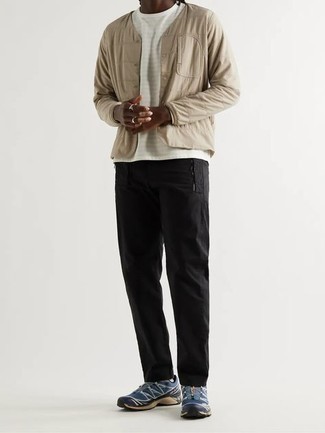 Men's Beige Quilted Shirt Jacket, White Horizontal Striped Crew-neck T-shirt, Black Chinos, Navy and White Athletic Shoes